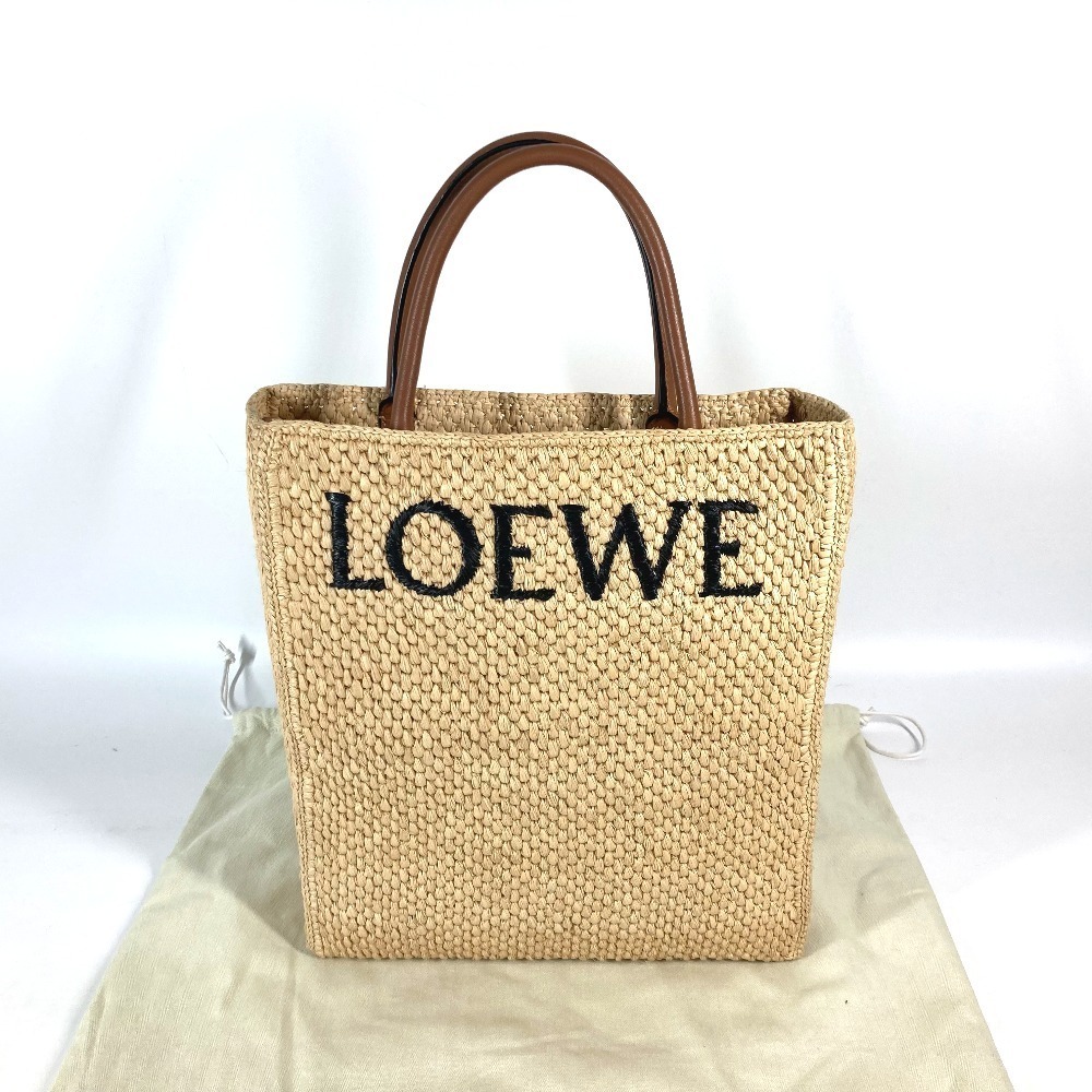 LOEWE Logo Standard Vertical Bag Shoulder Tote Raffia Beige Brown - Picture 12 of 15